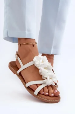 Best Sandały Damskie Płaskie Ozdobione Kwiatkami Białe Abidina Damskie Sandały Płaskie