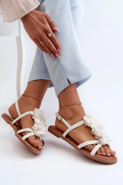 Best Sandały Damskie Płaskie Ozdobione Kwiatkami Białe Abidina Damskie Sandały Płaskie