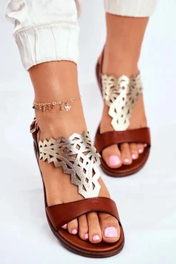 Best Buty Sergio Leone Sandały Damskie Płaskie Sergio Leone Brązowe SK035