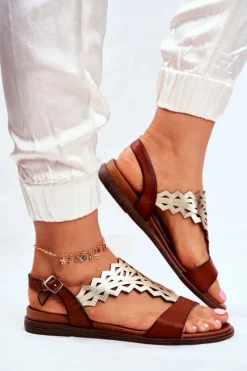 Best Buty Sergio Leone Sandały Damskie Płaskie Sergio Leone Brązowe SK035