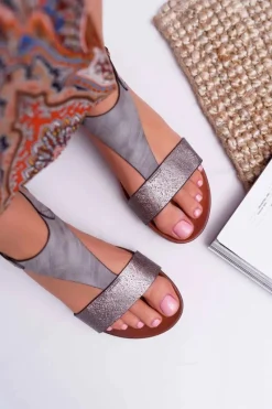 Clearance Buty Sergio Leone Sandały Damskie Płaskie Sergio Leone SK020 Szare Magra