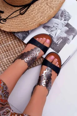 Online Buty Sergio Leone Sandały Damskie Płaskie Sergio Leone SK011 Czarne Lirielle