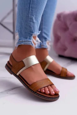 Best Buty Sergio Leone Sandały Damskie Płaskie Sergio Leone SK014 Camel Agrina