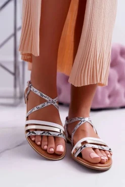 Sandały Płaskie>Boto Sandały Damskie Płaskie Skóra Węża Białe Dahira