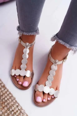 Sandały Płaskie>Boto Sandały Damskie Płaskie Skórzane Złote Nicole 2403 Melbourne