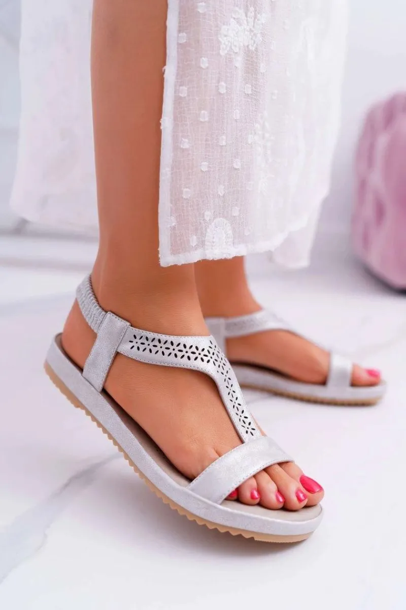 Discount Sandały Damskie Płaskie Srebrne S.Barski Emente Damskie Sandały Płaskie