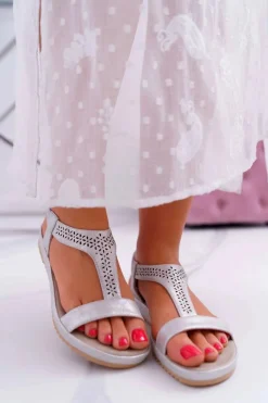 Discount Sandały Damskie Płaskie Srebrne S.Barski Emente Damskie Sandały Płaskie