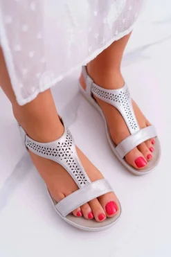 Discount Sandały Damskie Płaskie Srebrne S.Barski Emente Damskie Sandały Płaskie