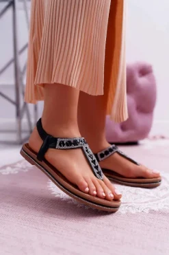 Sandały Płaskie>Boto Sandały Damskie Płaskie Wsuwane Z Cyrkoniami Czarne Mabellena