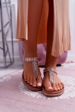 Sale Sandały Damskie Płaskie Wsuwane Z Cyrkoniami Champagne Mabellena Damskie Sandały Płaskie