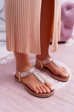 Sale Sandały Damskie Płaskie Wsuwane Z Cyrkoniami Champagne Mabellena Damskie Sandały Płaskie