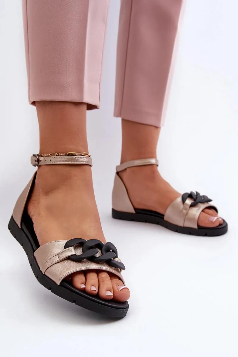 Outlet Sandały Damskie Płaskie Z Łańcuchem Vinceza 17320 Złote Damskie Sandały Płaskie