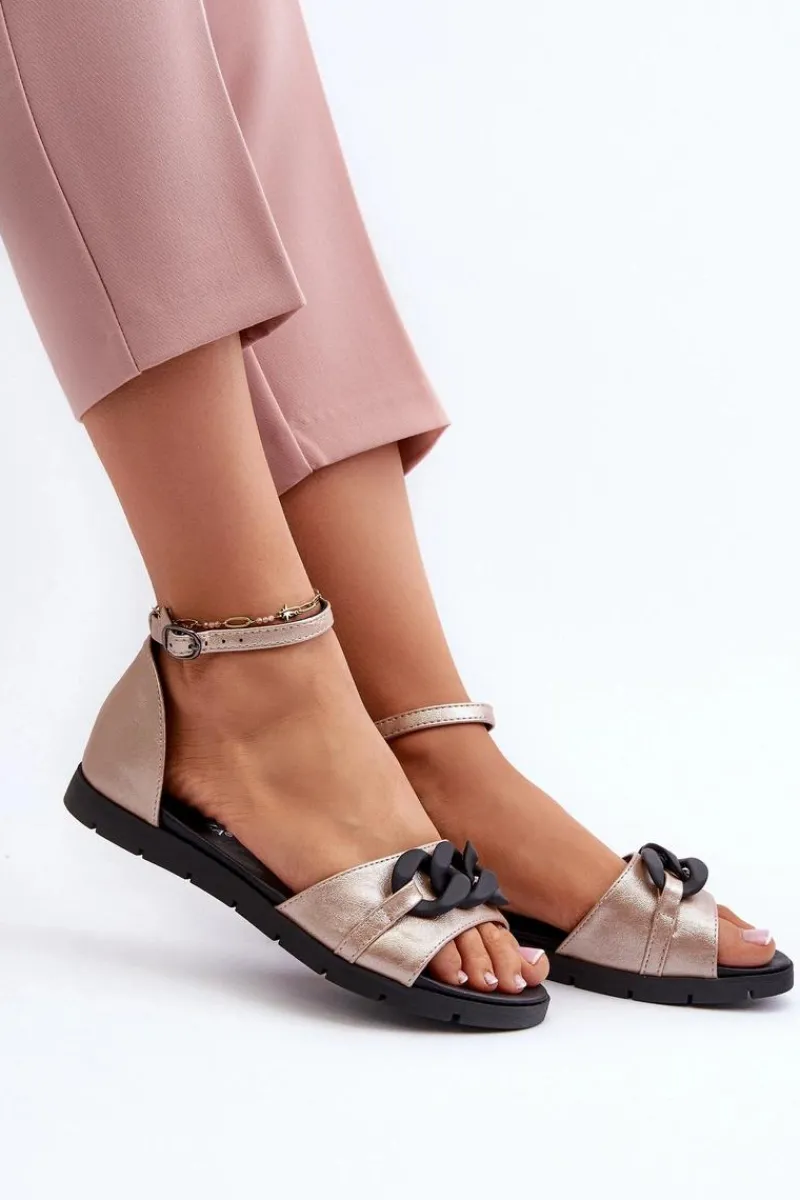 Outlet Sandały Damskie Płaskie Z Łańcuchem Vinceza 17320 Złote Damskie Sandały Płaskie