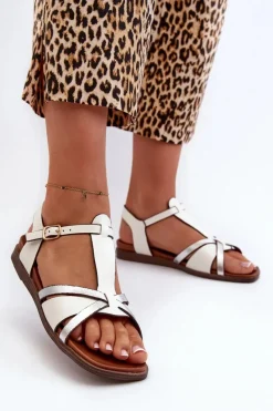 Discount Buty Sergio Leone Sandały Damskie Płaskie Z Eko Skóry Sergio Leone SK071H Białe Biały