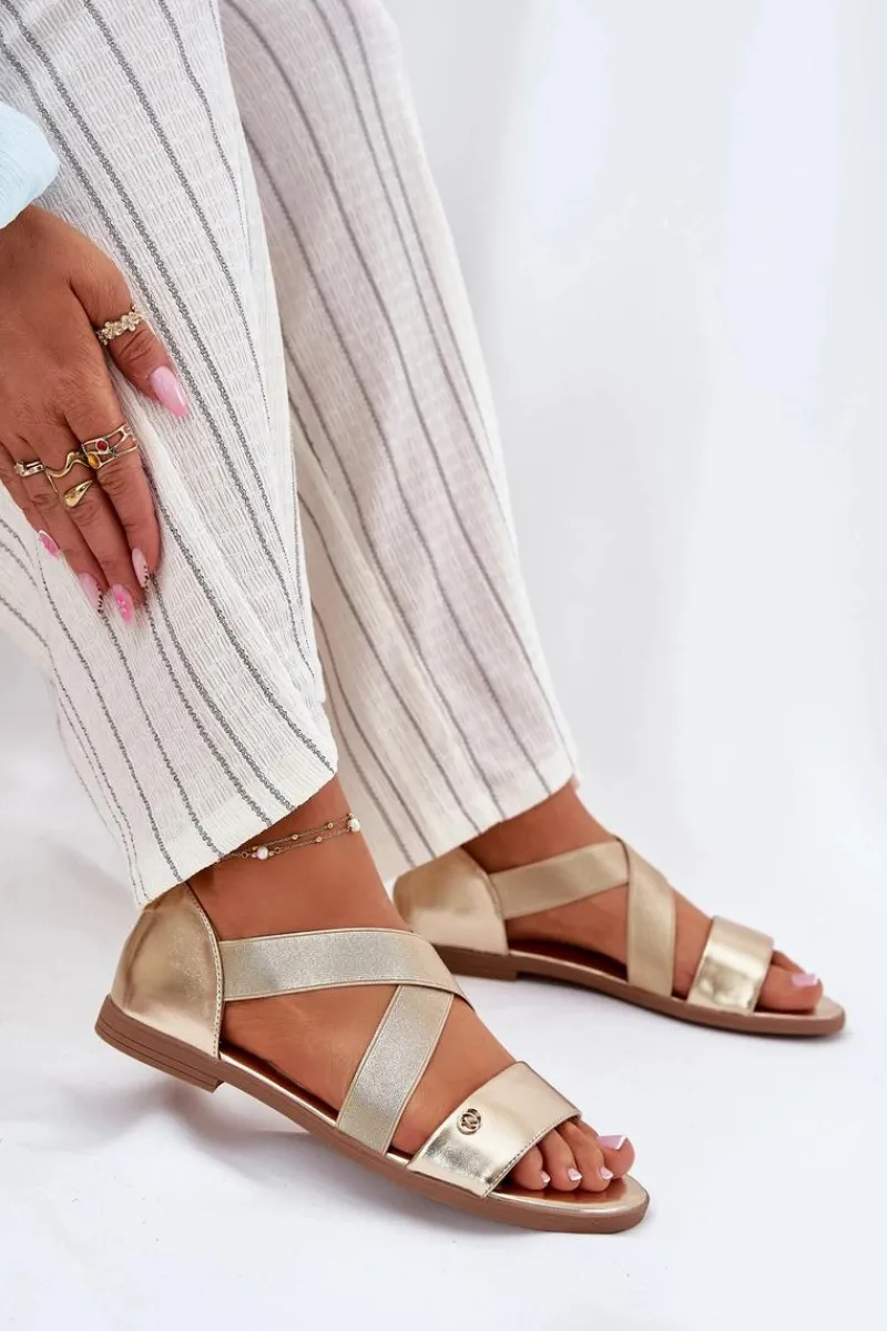 New Sandały Damskie Płaskie Z Elastycznymi Paskami Złote Marinea Damskie Sandały Płaskie