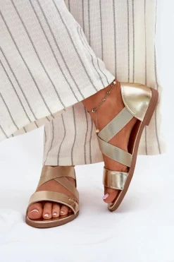 New Sandały Damskie Płaskie Z Elastycznymi Paskami Złote Marinea Damskie Sandały Płaskie