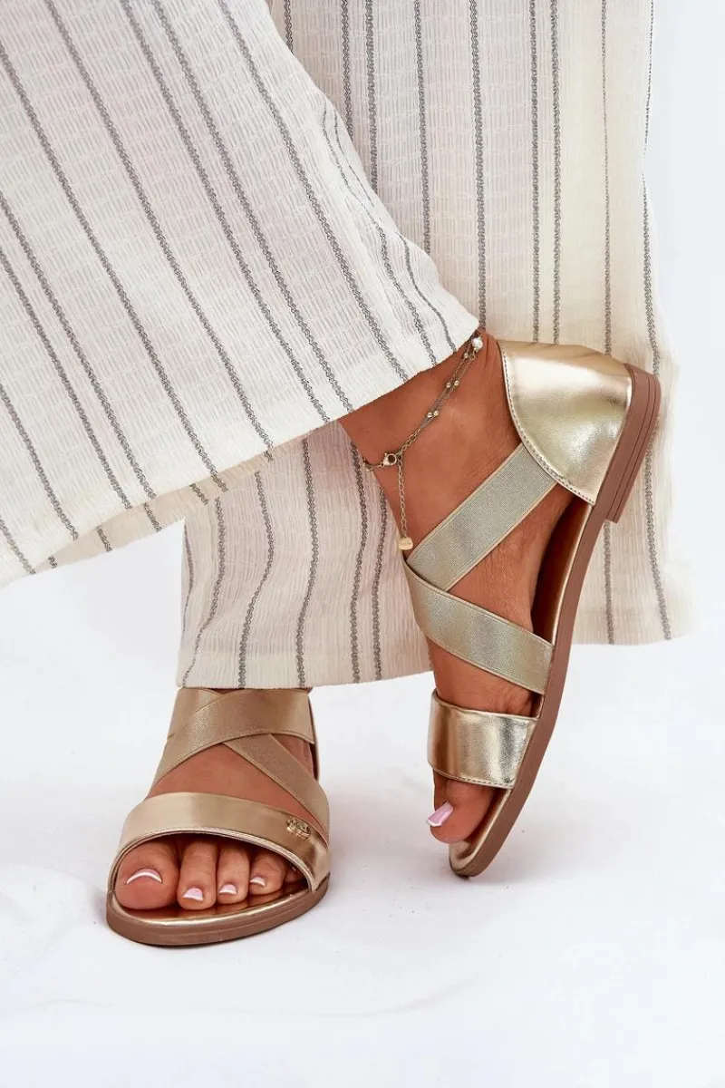 New Sandały Damskie Płaskie Z Elastycznymi Paskami Złote Marinea Damskie Sandały Płaskie