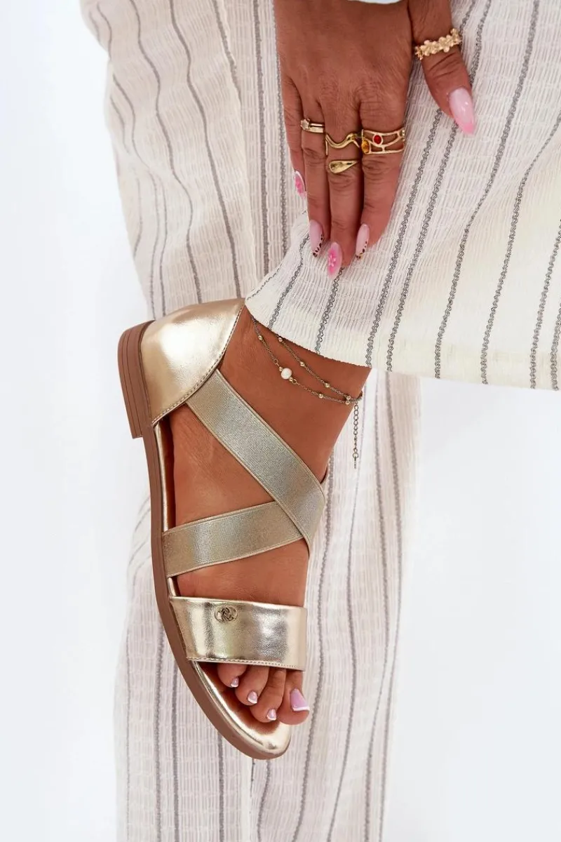 New Sandały Damskie Płaskie Z Elastycznymi Paskami Złote Marinea Damskie Sandały Płaskie