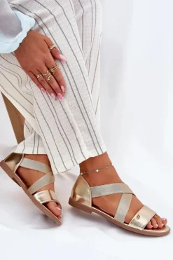 New Sandały Damskie Płaskie Z Elastycznymi Paskami Złote Marinea Damskie Sandały Płaskie