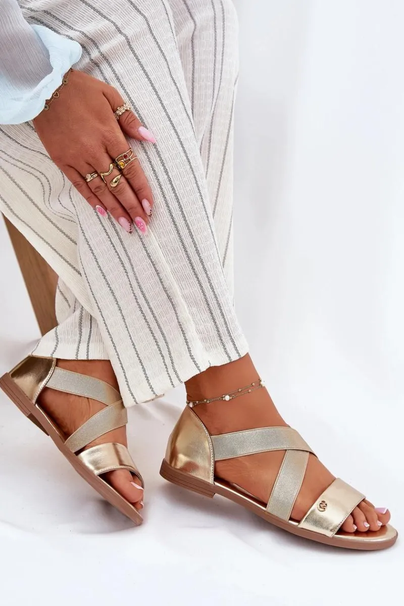 New Sandały Damskie Płaskie Z Elastycznymi Paskami Złote Marinea Damskie Sandały Płaskie