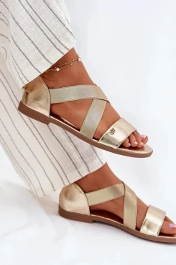 New Sandały Damskie Płaskie Z Elastycznymi Paskami Złote Marinea Damskie Sandały Płaskie