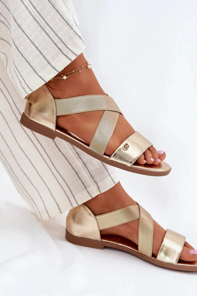 New Sandały Damskie Płaskie Z Elastycznymi Paskami Złote Marinea Damskie Sandały Płaskie