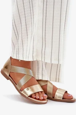 New Sandały Damskie Płaskie Z Elastycznymi Paskami Złote Marinea Damskie Sandały Płaskie