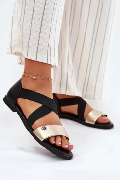 Sale Evento Sandały Damskie Płaskie Z Elastycznymi Paskami Czarno-Złote Marinea