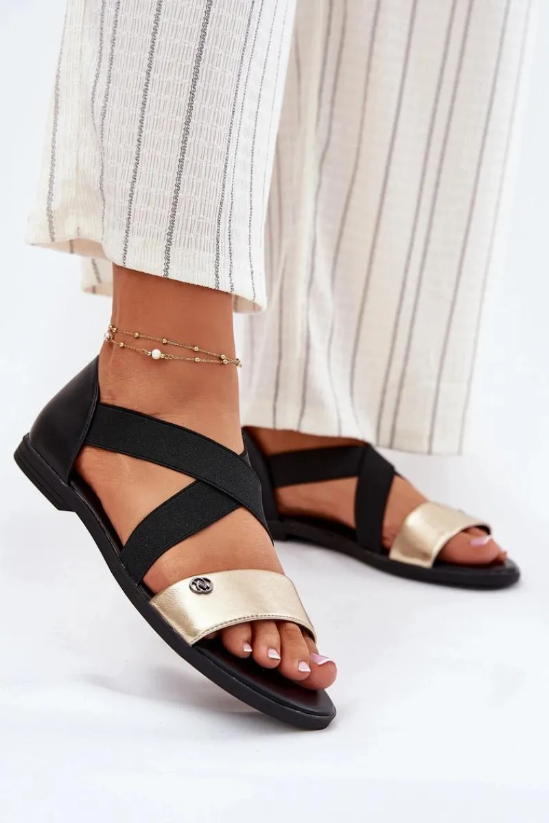Sale Evento Sandały Damskie Płaskie Z Elastycznymi Paskami Czarno-Złote Marinea