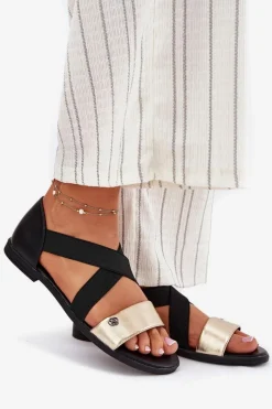 Sale Evento Sandały Damskie Płaskie Z Elastycznymi Paskami Czarno-Złote Marinea