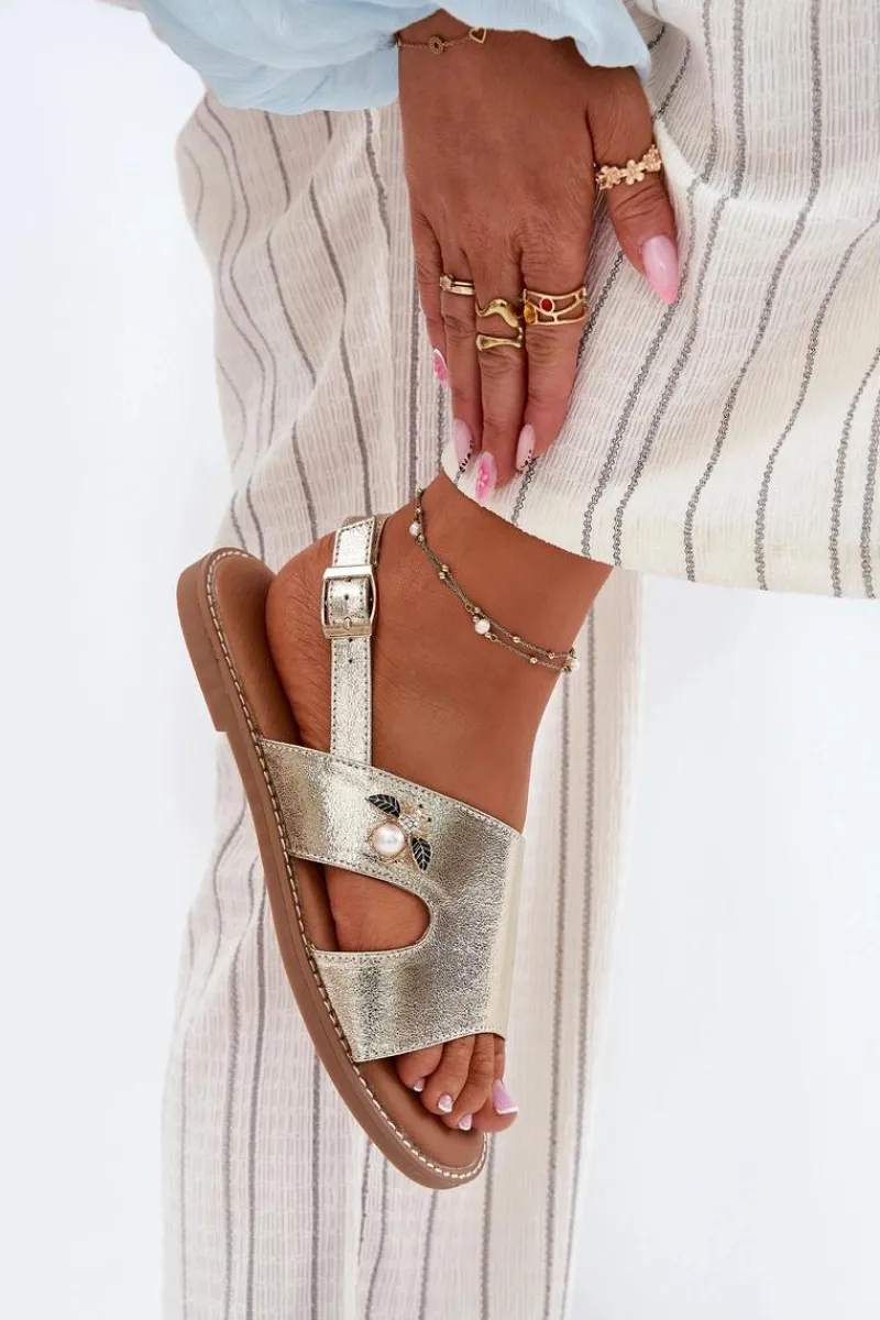 Sandały Płaskie>Buty damskie Vinceza Sandały Damskie Płaskie Z Ozdobnym Detalem Vinceza 17378 Złote Złoty