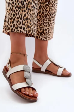 Sale Sandały Damskie Płaskie Z Ozdobami Sergio Leone SK072H Białe Damskie Sandały Płaskie