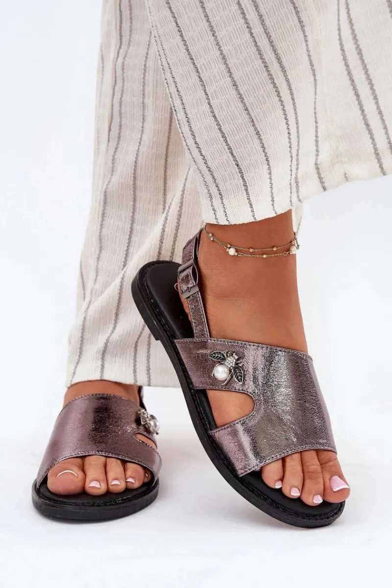 Clearance Sandały Damskie Płaskie Z Ozdobnym Detalem Vinceza 17378 Srebrne Damskie Sandały Płaskie