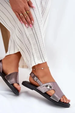 Clearance Sandały Damskie Płaskie Z Ozdobnym Detalem Vinceza 17378 Srebrne Damskie Sandały Płaskie