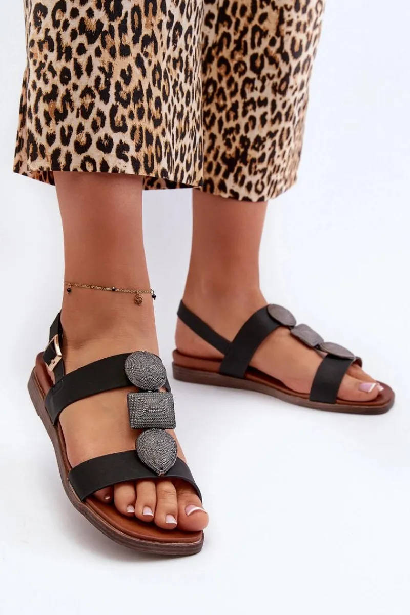 Sandały Płaskie>Buty Sergio Leone Sandały Damskie Płaskie Z Ozdobami Sergio Leone SK072H Czarne Czarny