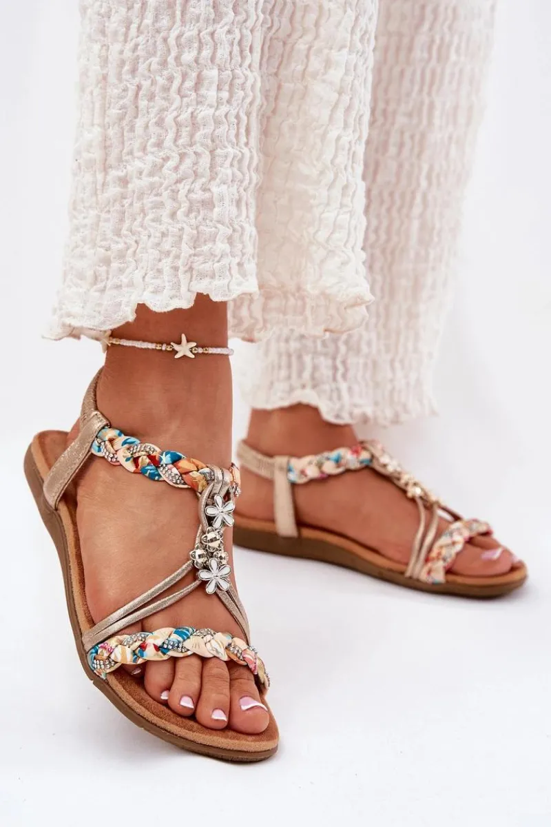 Sandały Płaskie>Artiker Sandały Damskie Płaskie Z Plecionymi Paskami I Przypinkami 54C1323 Złote