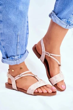 Sandały Płaskie>Damskie buty S.Barski Sandały Damskie Płaskie Z Paskami i Cyrkoniami Champagne Madeline