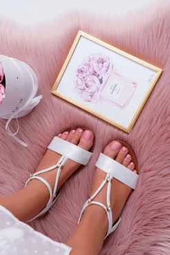 Clearance Damskie buty S.Barski Sandały Damskie Płaskie Z Paskami i Cyrkoniami Srebrne Madeline