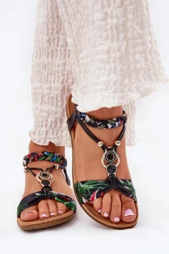 Clearance Artiker Sandały Damskie Płaskie Z Plecionymi Paskiem I Ozdobą 56C1318 Czarne Czarny