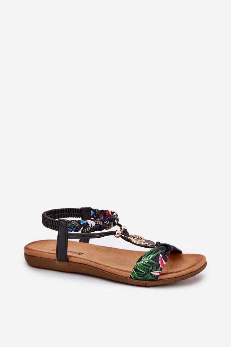 Clearance Artiker Sandały Damskie Płaskie Z Plecionymi Paskiem I Ozdobą 56C1318 Czarne Czarny