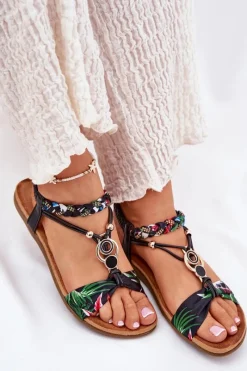 Clearance Artiker Sandały Damskie Płaskie Z Plecionymi Paskiem I Ozdobą 56C1318 Czarne Czarny