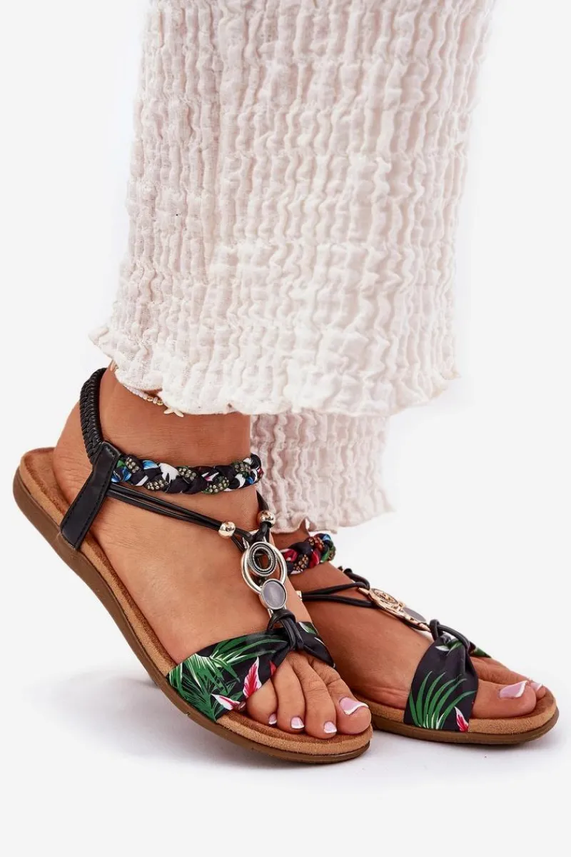 Clearance Artiker Sandały Damskie Płaskie Z Plecionymi Paskiem I Ozdobą 56C1318 Czarne Czarny