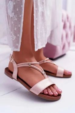 Best Sandały Damskie Płaskie Z Paskami i Cyrkoniami Różowe Madeline Damskie Sandały Płaskie