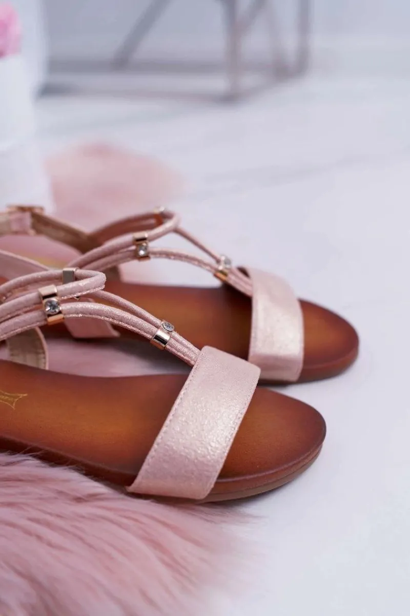 Best Sandały Damskie Płaskie Z Paskami i Cyrkoniami Różowe Madeline Damskie Sandały Płaskie