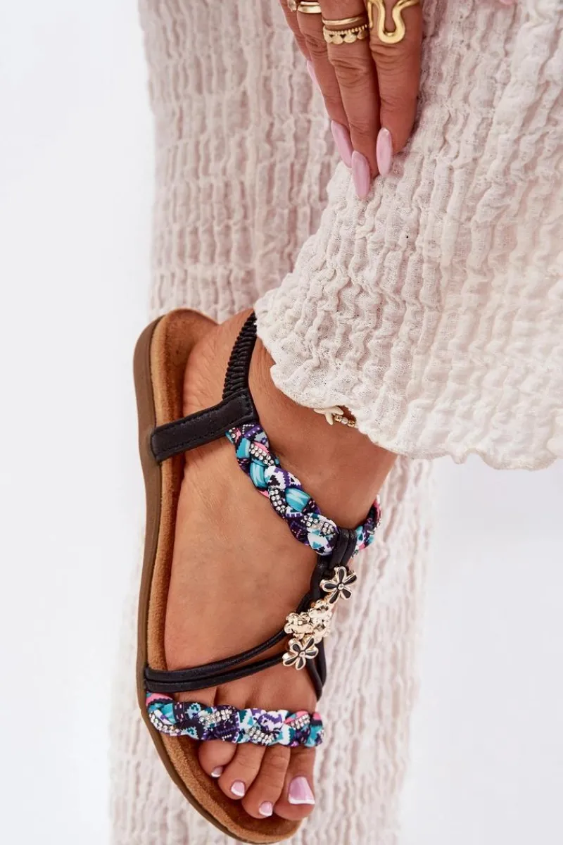 Sandały Płaskie>Artiker Sandały Damskie Płaskie Z Plecionymi Paskami I Przypinkami 54C1331 Czarne