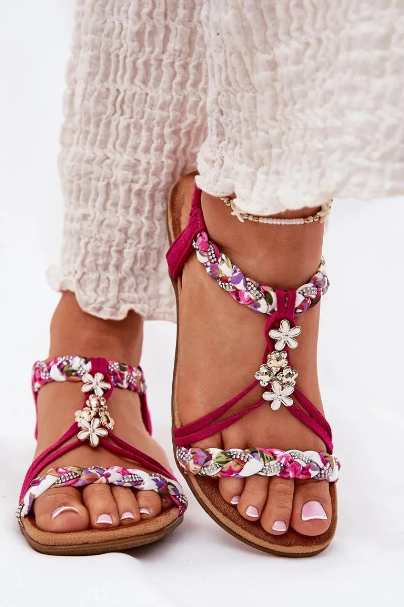 Sandały Płaskie>Artiker Sandały Damskie Płaskie Z Plecionymi Paskami I Przypinkami 56C1314 Fuksja Różowy