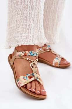 Discount Sandały Damskie Płaskie Z Plecionymi Paskiem I Ozdobą 56C1316 Złote Damskie Sandały Płaskie