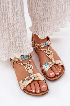 Discount Sandały Damskie Płaskie Z Plecionymi Paskiem I Ozdobą 56C1316 Złote Damskie Sandały Płaskie