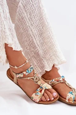 Discount Sandały Damskie Płaskie Z Plecionymi Paskiem I Ozdobą 56C1316 Złote Damskie Sandały Płaskie