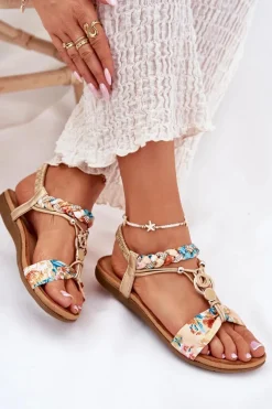 Discount Sandały Damskie Płaskie Z Plecionymi Paskiem I Ozdobą 56C1316 Złote Damskie Sandały Płaskie